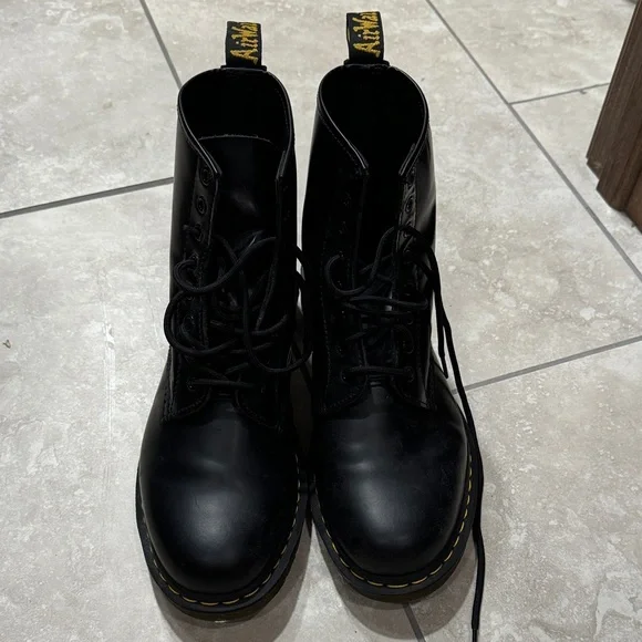 Dr. Martens Black Leather Boots with Yellow Accents - Picture 1 of 5